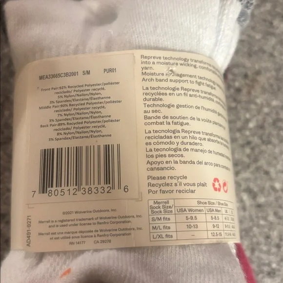 Merrell Recycled Everyday Crew Socks Unisex Adults Size S/M Pink 3 Pack Blk - Picture 3 of 3